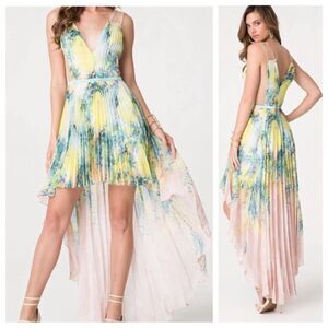 BEBE Dress Women 2 High Low Floral Sheer Accordion Pleat Whimsy Romantic Fairy